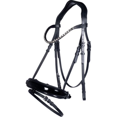 Cob, Schwarz 9100: Lederzaum mit anatomischem Kopfstück und verziertem Stirnriemen komplett mit Stoffzügeln Modell Fleur (1/4)
