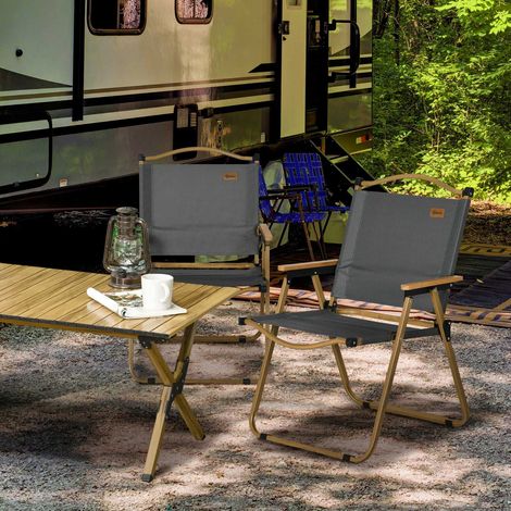 Campingstuhl 2er Set faltbarer Gartenstuhl mit Stahlrahmen, Holzoptik, Klappsessel für Pool, Strand, Oxford, Dunkelgrau Aosom