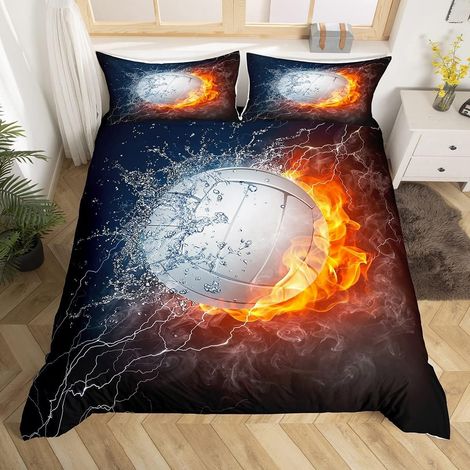 Volleyball Print Parure de Lit 140x200cm Sports Flamme Water Lightning Pattern Parure Housse de Couette pour Garçons Filles Ados Housse de Couette Respirant Competitive Games Room Decor - 140 x 200 cm (1/5)