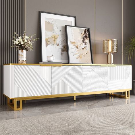 Meuble TV bas 160 cm, 4 portes en relief et passe-câbles, MDF et métal, salon moderne, blanc (1/5)