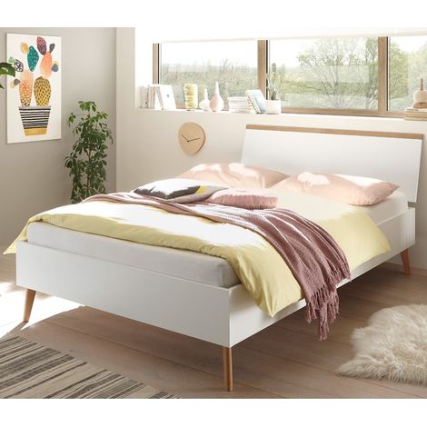 Doppelbett MAINZ-61 im skandinavian Design, weiß matt mit Eiche Riviera Nb., B/H/T ca. 145x44x210 cm (1/5)