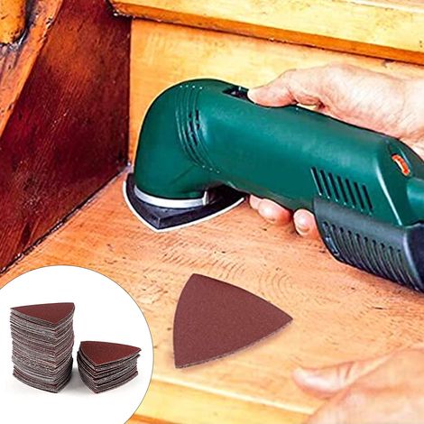 Ensemble de 102 pièces de papier de verre triangulaire multi-usages de 80 mm pour machines multifonctions, affleureuses et accessoires de ponçage pour le travail du bois (1/5)