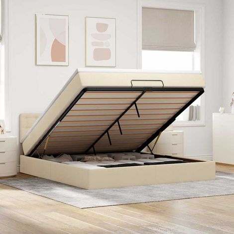 Ottomane Bett mit Matratze & LEDs Creme 180x200 cm Stoff