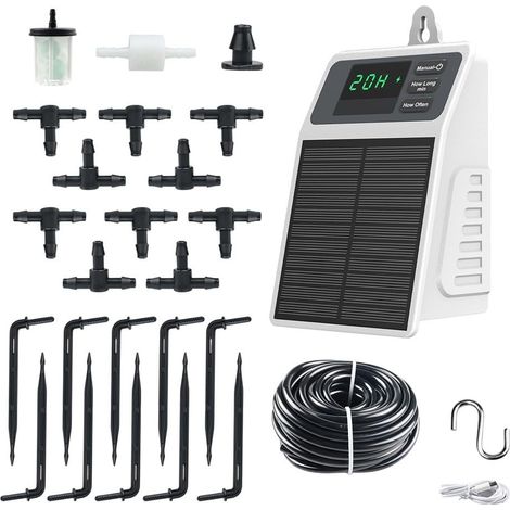 Système d'irrigation goutte à goutte avec minuterie solaire pour l'entretien automatique des plantes, étanchéité IPX5, débit de 630 ml/min, convient pour le jardin et les plantes en pot (1/4)