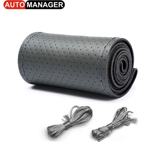Housse de volant en cuir tressé (gris troué) pour voiture, compatible avec les volants de 38 cm (15 pouces), en cuir de vachette. (1/5)