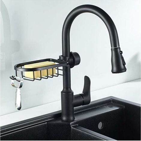 Schwammhalter für Küchenarmaturen, Spülbecken-Organizer über dem Wasserhahn, hängendes Abflussregal für die Spülbeckenorganisation (schwarz-normal), 1810,8 cm