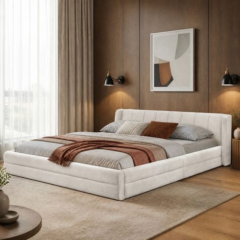 Lit double 140x200 cm beige avec tête de lit, chenille, sans matelas MEUBLIV (1/5)