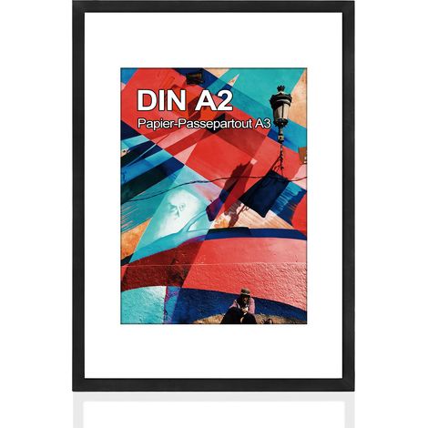 Cadre photo A2 en bois - Format A2 (42 x 59,4 cm) - En chêne - Avec passe-partout en papier A3 (29,7 x 42 cm) et acrylique incassable - À suspendre - Noir - A2 (42 x 59,4 cm) (1/5)