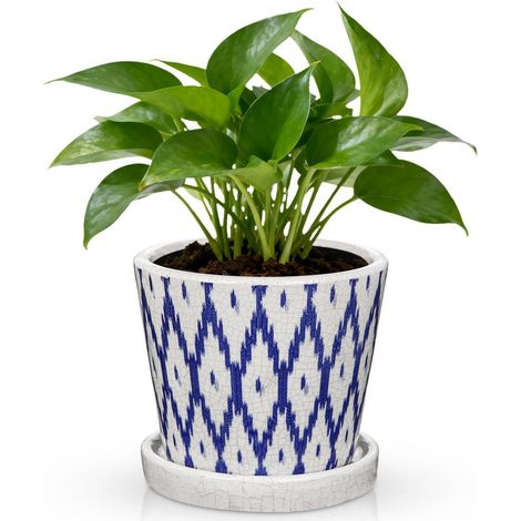 Keramik Blumentopf 14cm blau-weiß mit Untersetzer und Ablaufloch (1/5)