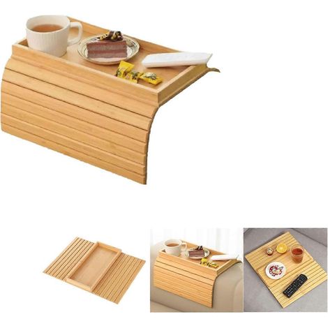 Plateau pliable en bambou pour accoudoir de canapé avec porte-gobelet, table d'accoudoir trois en un, idéale pour poser des en-cas et des boissons. (1/5)