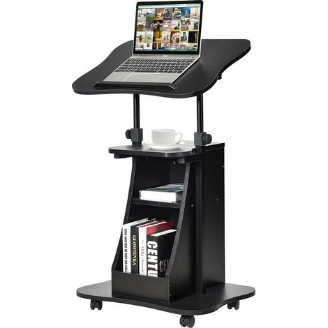 COSTWAY Laptoptisch auf Rollen, Projektionstisch hoehenverstellbar, Stehtisch, Rollwagen mit Schwenkplatte, ideal fuer Heim- und Buerobedarf, schwarz