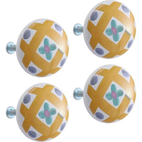 Lot de 4 boutons de tiroir en céramique, poignées de commode rondes de 38 mm, jolis boutons décoratifs pour armoire, penderie, chambre d'enfant-Plaid Yellow