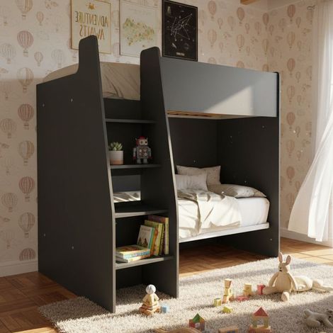 Letto a castello salvaspazio con scaletta frontale - Montaggio facile - Basalto
