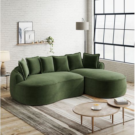 Divano modulare angolare 122 cm verde in chenille senza montaggio con seduta profonda e cuscini (1/5)
