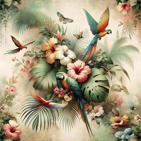 Papier peint panoramique - Jungle Perroquets - 130 cm x 130 cm (1/2)