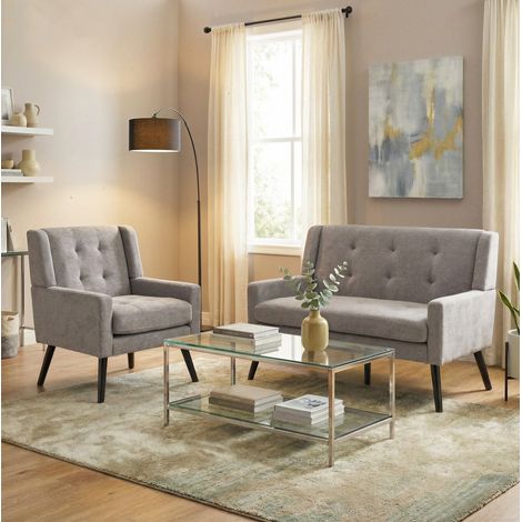 Juego de 2 sillones tapizados, asiento acolchado de espuma, tejido resistente, patas de madera, gris claro (1/5)