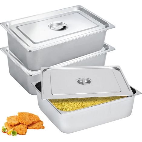 Lot de 3 plats à panure en acier inoxydable, Bac Gastro Inox, Bols a Panure avec Couvercle, 32,5 X 17,5 X 6,5 cm, pour Fruits Et Légumes, Cuisine De Restaurant Gril Gâteaux (1/5)