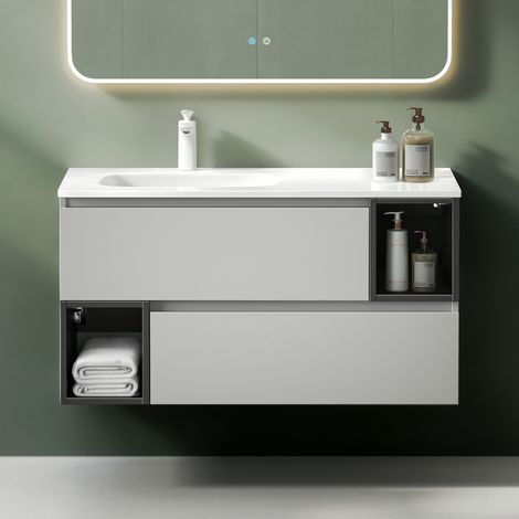 Mai & Mai – Meuble de salle de bain suspendu 100x48x54cm – Lavabo en résine synthétique – 2 tiroirs avec technologie softclose – Bois mélaminé étanche