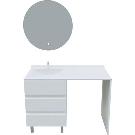 Meuble lave-linge KORA avec plan vasque déportée + Miroir rond Fazzio- Blanc- Vasque à gauche