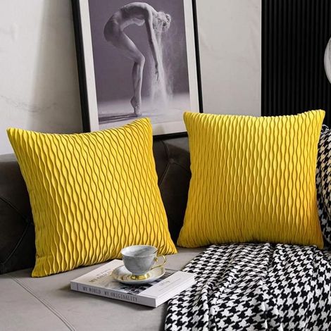Housses de coussin jaune moutarde : lot de 2 taies d'oreiller carrées en velours rayé, 45 x 45 cm, pour décoration de style campagna