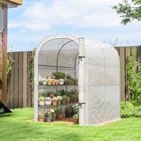 Serre de jardin à étagères 123x187x189 cm, petite serre avec porte enroulable, bâche PE haute densité 140 g/m², blanc (1/5)