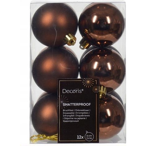 Set mit 12 braunen, matten und glänzenden, bruchsicheren Weihnachtskugeln (1/5)