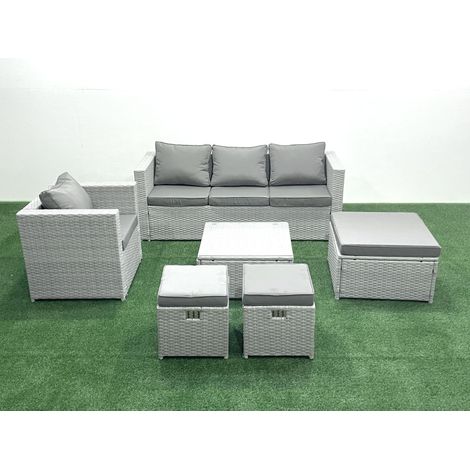 Fimous 6-Sitzer Polyrattan Gartenmöbel Set mit 3-Sitzer Sofa Sessel Quadratischer Couchtisch 3 Hockern Hellgrau gemischt