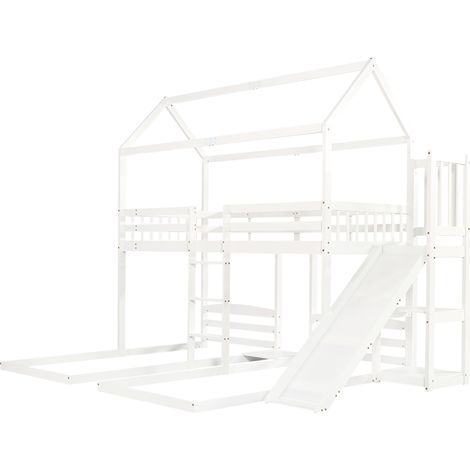 Litera infantil con tobogán, 3 plazas, techo, pino y MDF, blanco, 90 x 200 cm (1/5)