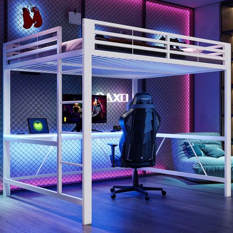 Lit Enfant Combiné Enfant 160x200 cm Bureau intégré Structure métal Garde-corps haut LED multicolore Ports USB (1/5)