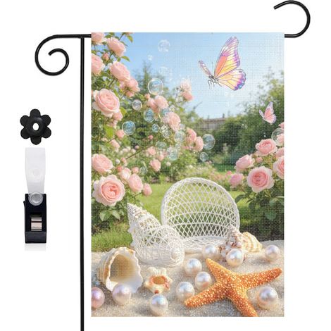 Drapeau de jardin bienvenue 30 x 45 cm motif coquillages escargots et perles toile double face (1/5)
