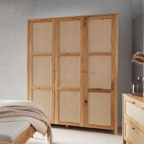 Armoire 3 portes en chêne et cannage naturel - KAPUI