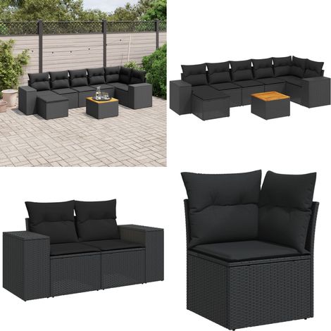 Salon de jardin 8 pcs avec coussins noir résine tressée - Salon De Jardin - Meuble Extérieur - Résine Tressée - Rotin Synthétique - Mobilier De Jardin - Home & Living (1/5)