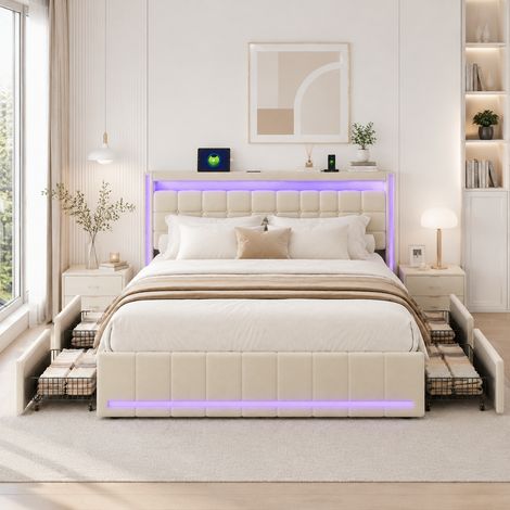 Lit double 140x200 avec 4 Tiroirs, lit adulte avec sommier, avec Tête de Lit Rembourrée, bandes lumineuses LED en tête et pied de lit, lin beige (1/5)