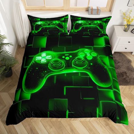 Housse de Couette 140x200 Enfant Garçon Gaming, Parure de Lit Gamer Néon, Sets de Housses de Couettes Manette de Jeux Vidéo Galaxie, Couvre Lit Grille Géométrique Carrée, Vert - 140x200cm + 1 Taie Ore (1/5)