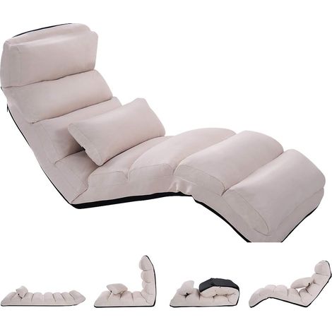 GOPLUS Fauteuil de Sol avec Dossier Inclinable Réglable sur 5 Niveaux, Canapé Paresseux avec Cadre en Fer et Coussin Chaise de Sol Pliable Longue Rembourrée, pour Salon/Chambre 175x55x20CM (Beige) (1/5)