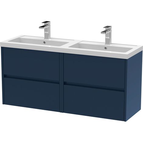Chartley Contemporary 4 Drawer Wall Hung Vanity Unit with Double Basin, Midnight Blue, 1200mm (1/4)