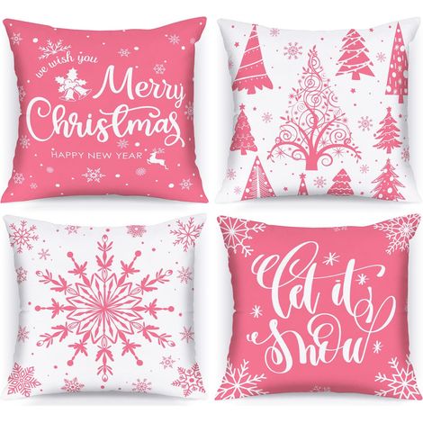 Lot de 4 housses de coussin de Noël 45 x 45 cm, motif flocons de neige d'hiver, décoration de Noël (rose) (1/5)