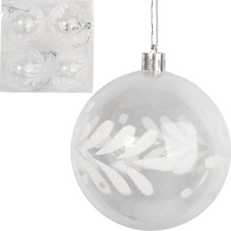 Set di 4 palline di plastica trasparente con decorazione a fiocco di neve bianco, 8 cm (1/4)