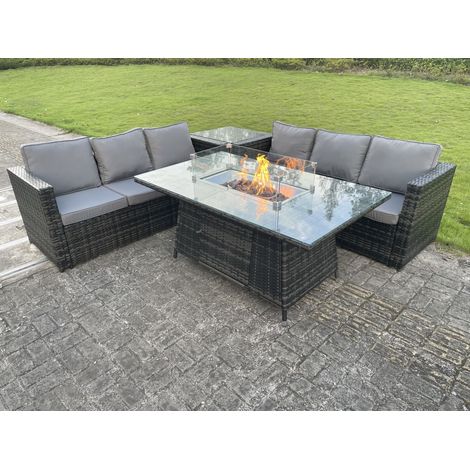 Fimous Outdoor Rattan Gartenmöbel Gas Feuerstelle Esstisch Sets Gartensofa Sitzgruppe Beistelltisch Dunkelgrau Gemischt 6 Sitzer (1/4)