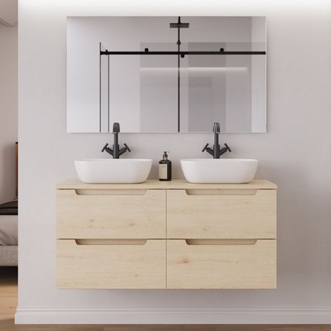 Meuble de salle de bain 140cm avec plateau et 2 vasques à poser arrondies - 4 tiroirs - roble calima (bois clair) - SONRIZA (1/5)