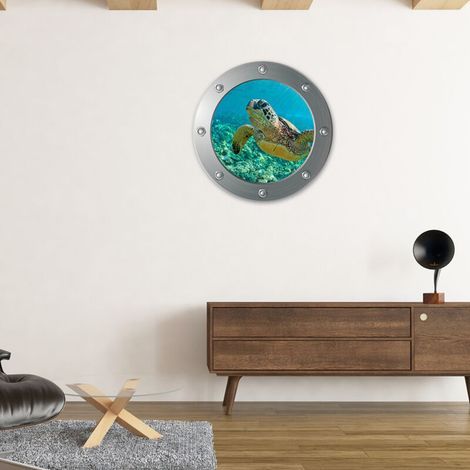 Sticker mural 3D Submarine Porthole - Turtle (Diamètre : 29cm), Décoration murale, Chambre d'enfant, Chambre de bébé, Salle de bain