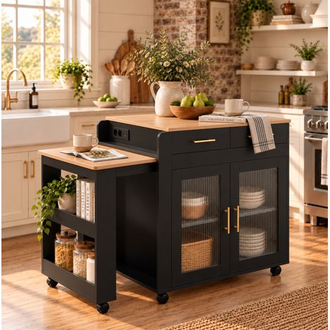 Isola cucina mobile 177x60 cm in truciolare nera estensibile con prese USB - CHICFURN (1/5)