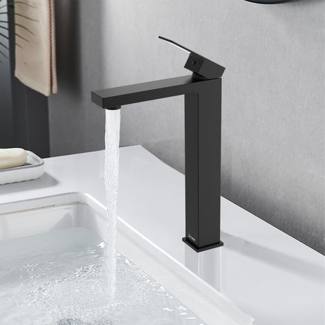 Robinet Salle Bain Noir Haut,Robinet Lavabo Hauteur de bec 250 mm,Mitigeur Haut Salle de Bain,Acier Inoxydable,Levier Unique,Mousseur Remplaçable (1/5)