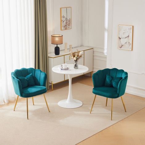 Juego de 2 sillas de comedor y de maquillaje con patas doradas y respaldo suave, terciopelo verde (1/5)