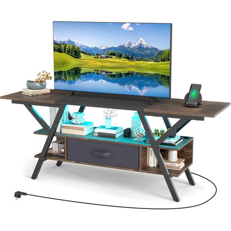 COSTWAY Mobile Porta TV per Schermo fino a 65'', Tavolo per TV con Luci LED Regolabili, Stazione di Ricarica e Telecomando, Consolle Media a 3 Ripiani con Cassetto per Soggiorno, 140x40x54cm (Marrone) (1/5)