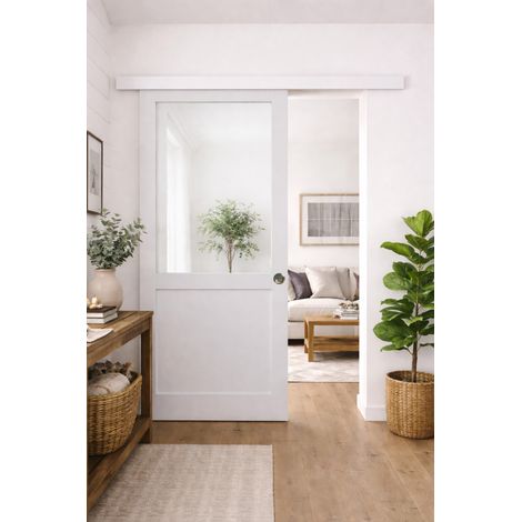Porta scorrevole da officina bianca H204 x L83 cm senza traverso, binario in alluminio con fascia bianca, conchiglie GD MENUISERIESti