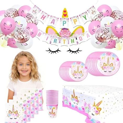 16 pièces Kit Décoration Anniversaire Licorne, vaisselle jetable + ballons thématiques, décoration féerique pour fille, fête d'enfant (1/5)