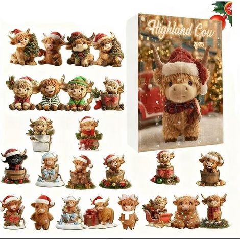 Calendrier De Lavent - Vache Des Highlands - Acrylique - Décoration De Noël - 24 Compartiments - Pour Maison Et Intérieur - 1 Pièce