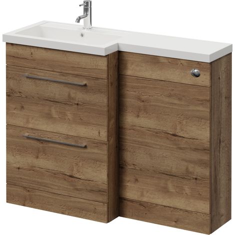 Napoli 390 Tobacco Oak 1100mm 2 Drawer Vanity Unit Toilet Suite with Square Left Hand Lucia Basin - 1100mm - Chrome 320mm HandleWithout Kingston Toilet Pan