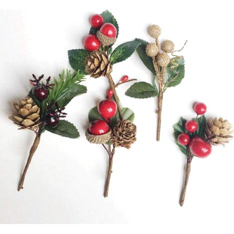 25er-Pack 4-Zoll-Mini-Weihnachtsbaumspieße, rote Beerenstiele, künstliche Tannenzweige, für Kranz, Winterdekoration (1/5)